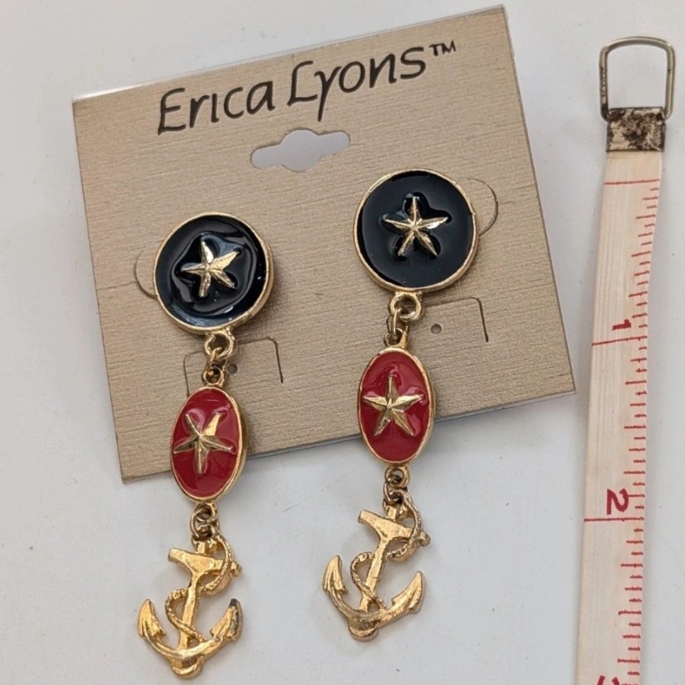 Erica Lyons Nautical Anchor Star Drop Earrings Gold Tone Red Navy Enamel 366960